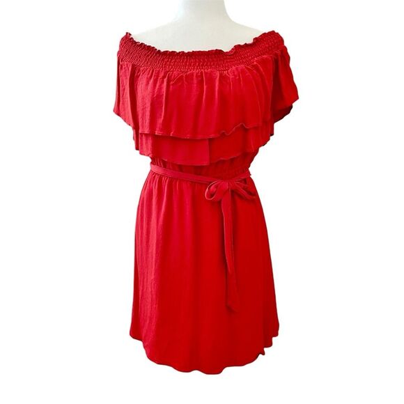 Lovers + Friends Orange Ruffle Dress Off The Shoulder Tie Waist Size Medium - Picture 2 of 9